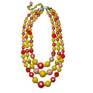 Vintage Beaded Triple Strand Pink And Yellow Necklace